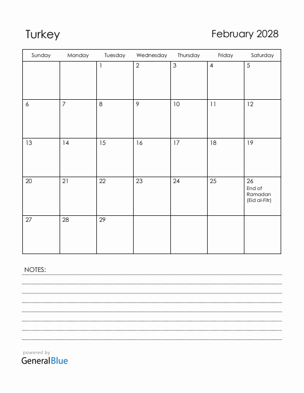 February 2028 Turkey Calendar with Holidays (Sunday Start)