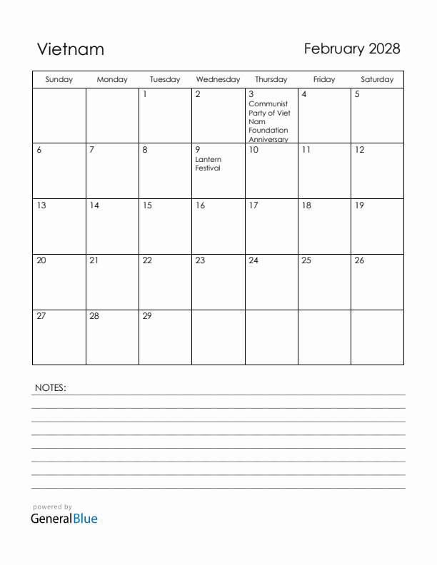 February 2028 Vietnam Calendar with Holidays (Sunday Start)