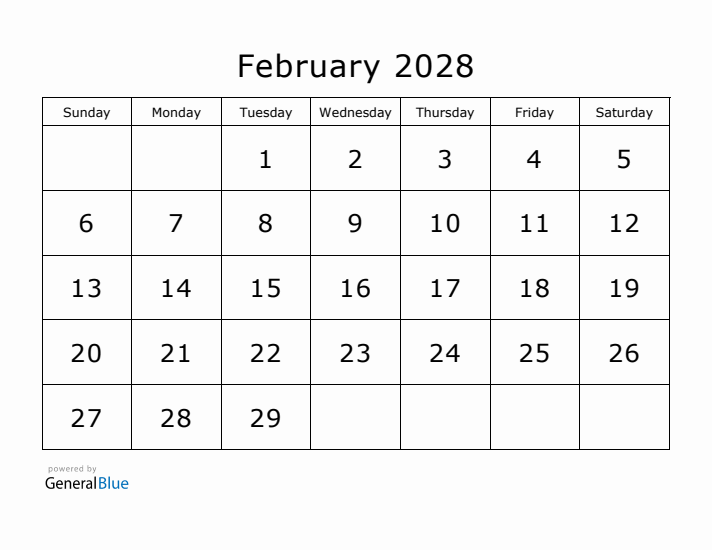 Printable February 2028 Calendar - Sunday Start