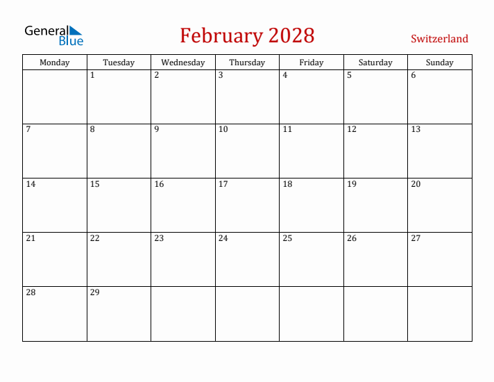 Switzerland February 2028 Calendar - Monday Start