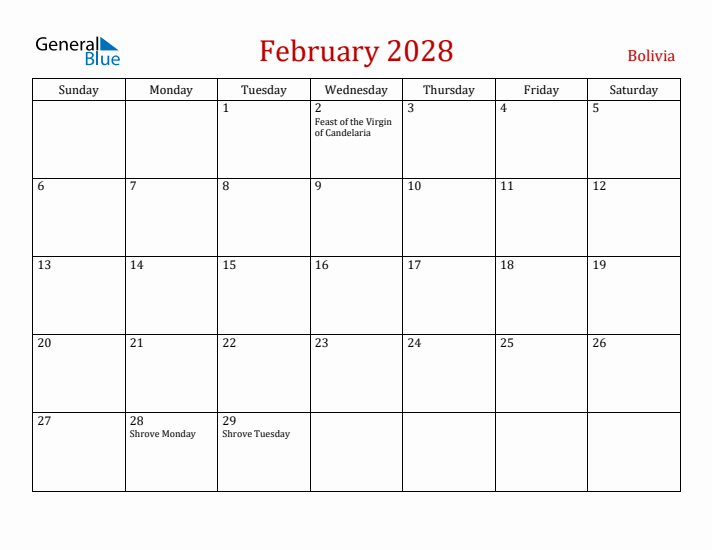 Bolivia February 2028 Calendar - Sunday Start