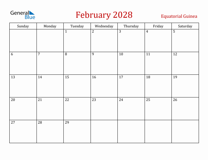 Equatorial Guinea February 2028 Calendar - Sunday Start