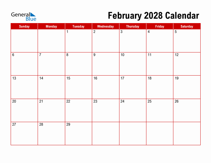 Simple Monthly Calendar - February 2028