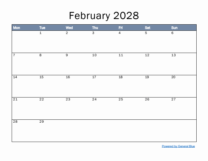 February 2028 Simple Month Calendar Template