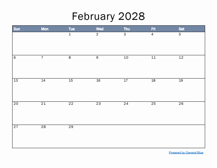 February 2028 Simple Month Calendar Template