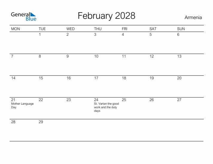 Printable February 2028 Calendar for Armenia