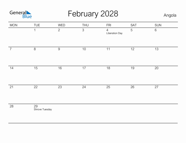 Printable February 2028 Calendar for Angola