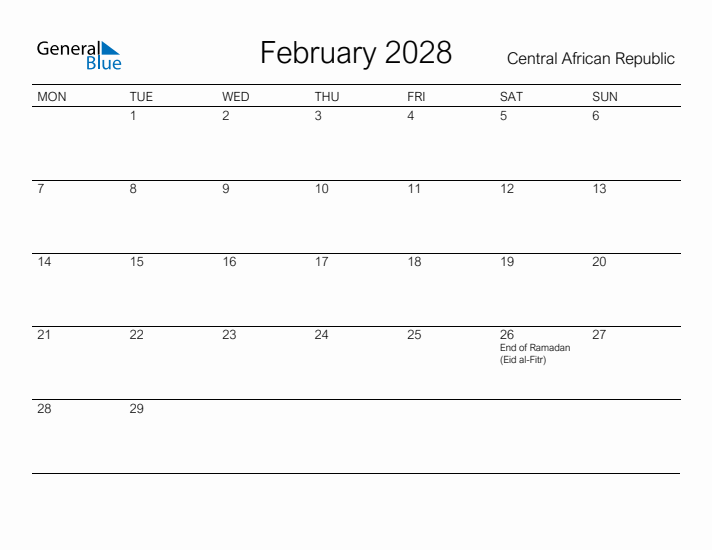 Printable February 2028 Calendar for Central African Republic