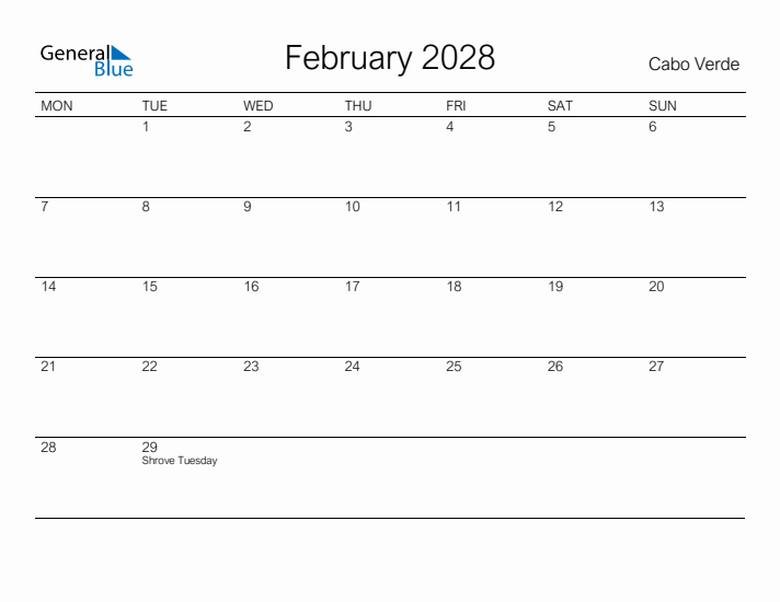 Printable February 2028 Calendar for Cabo Verde