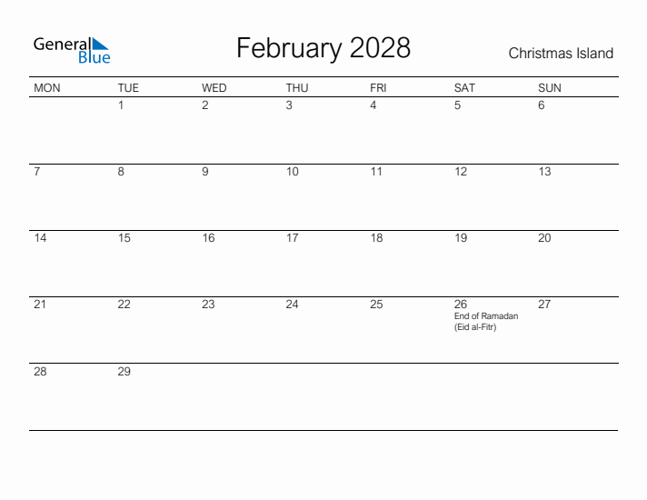 Printable February 2028 Calendar for Christmas Island