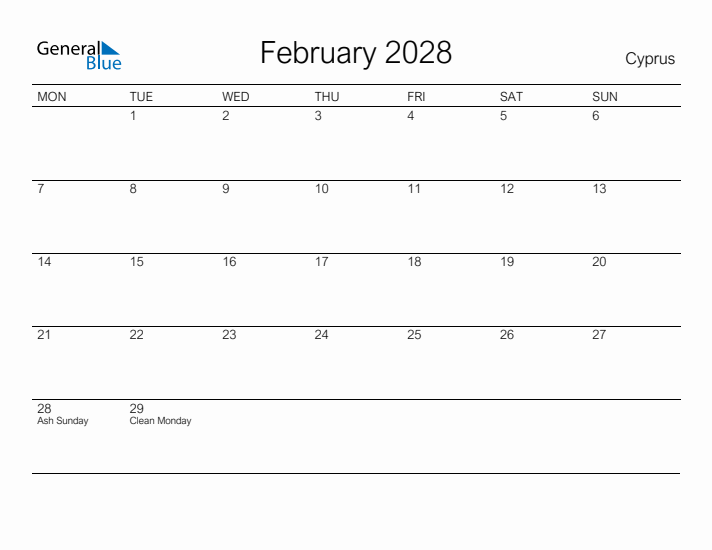 Printable February 2028 Calendar for Cyprus