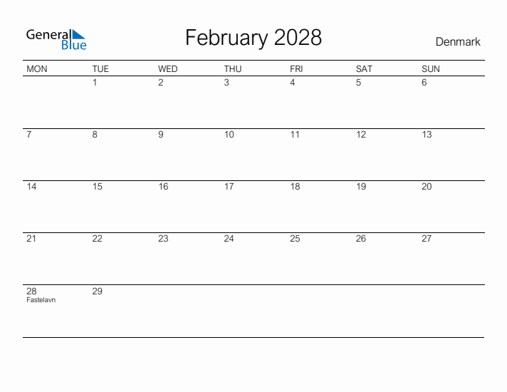 Printable February 2028 Calendar for Denmark