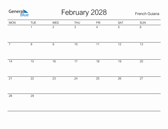 Printable February 2028 Calendar for French Guiana