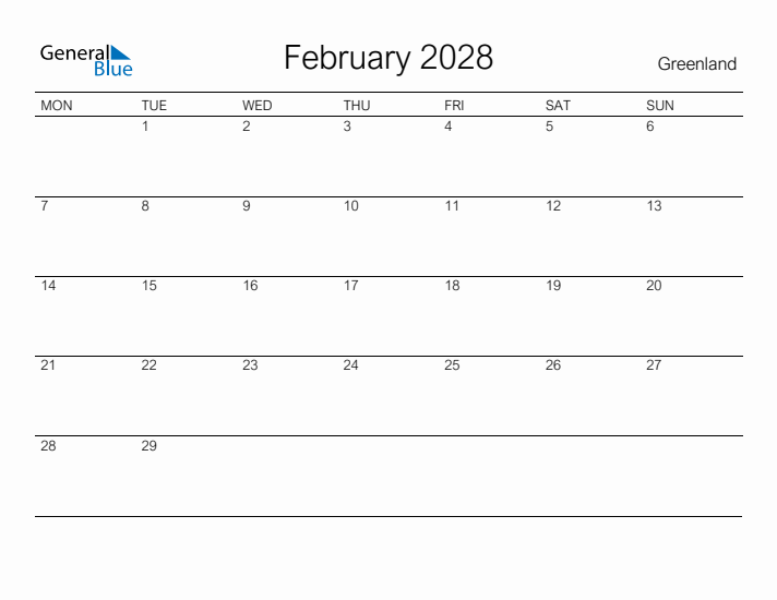 Printable February 2028 Calendar for Greenland