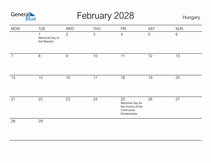 Printable February 2028 Calendar for Hungary