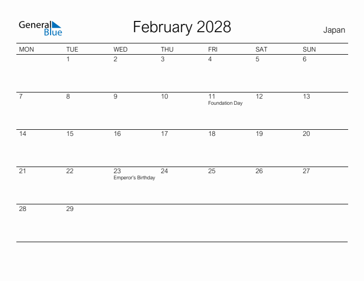 Printable February 2028 Calendar for Japan