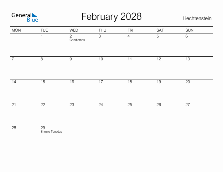 Printable February 2028 Calendar for Liechtenstein