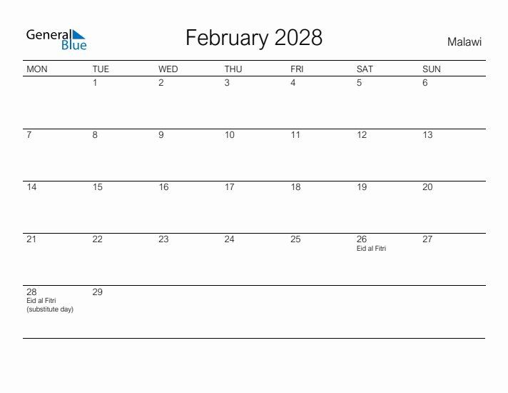 Printable February 2028 Calendar for Malawi