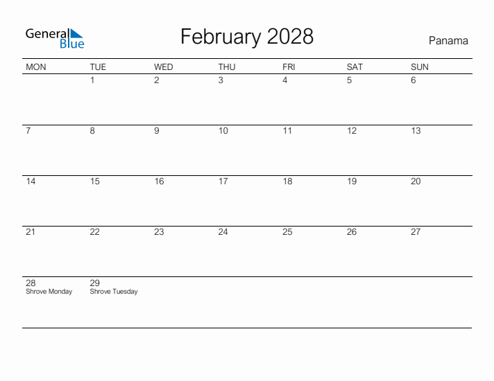 Printable February 2028 Calendar for Panama