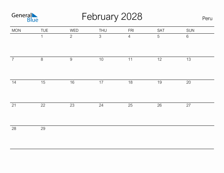 Printable February 2028 Calendar for Peru