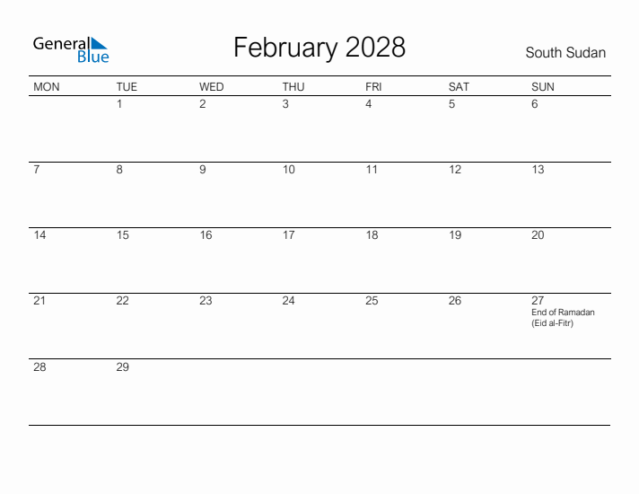 Printable February 2028 Calendar for South Sudan