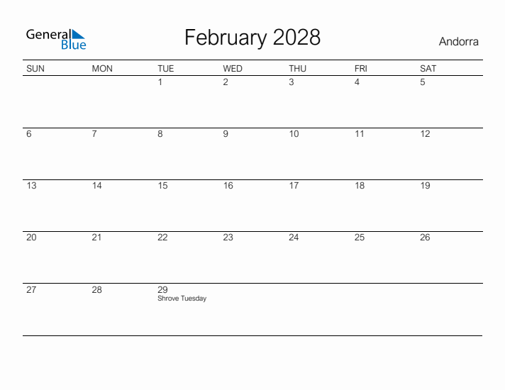 Printable February 2028 Calendar for Andorra