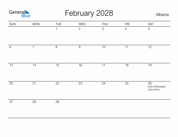 Printable February 2028 Calendar for Albania