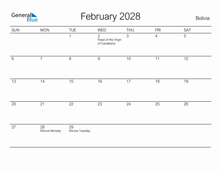 Printable February 2028 Calendar for Bolivia