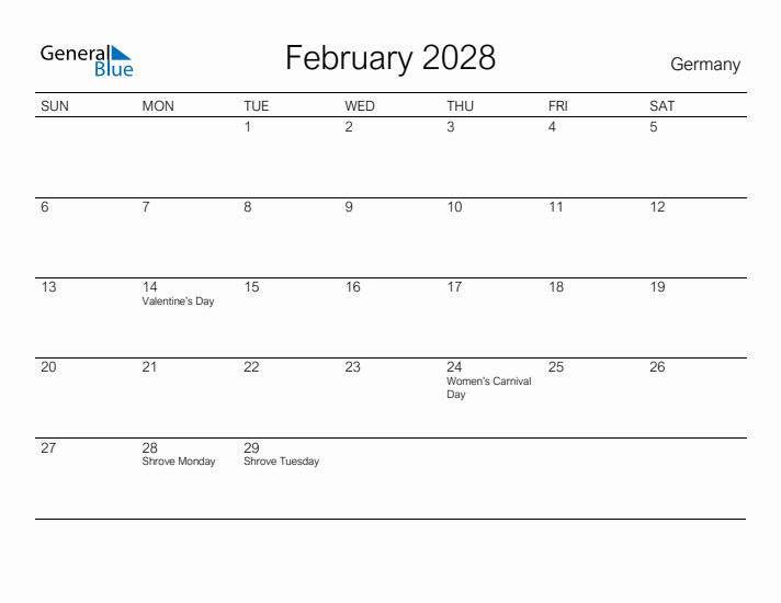 Printable February 2028 Calendar for Germany