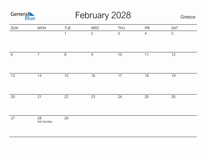 Printable February 2028 Calendar for Greece