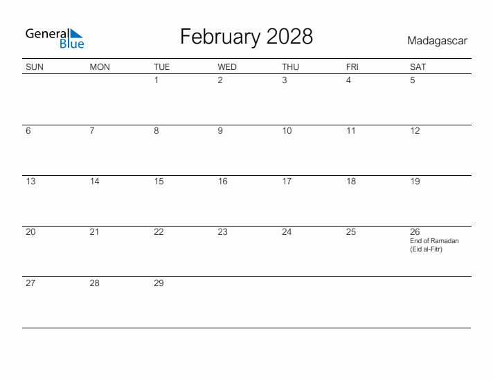 Printable February 2028 Calendar for Madagascar