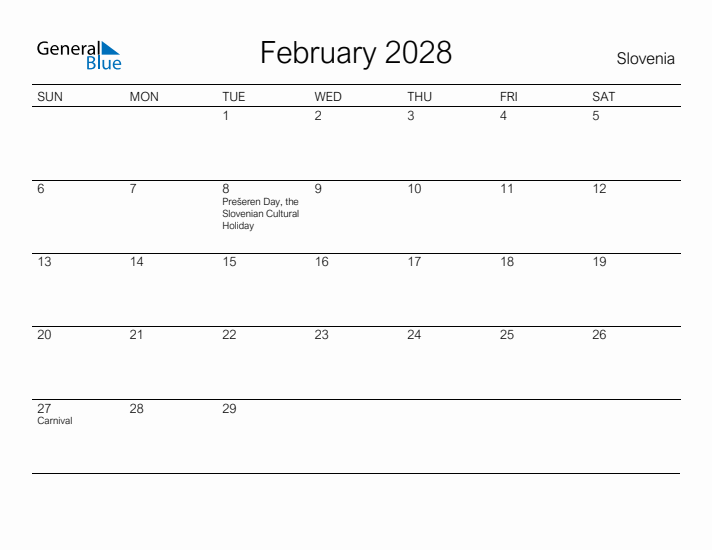 Printable February 2028 Calendar for Slovenia