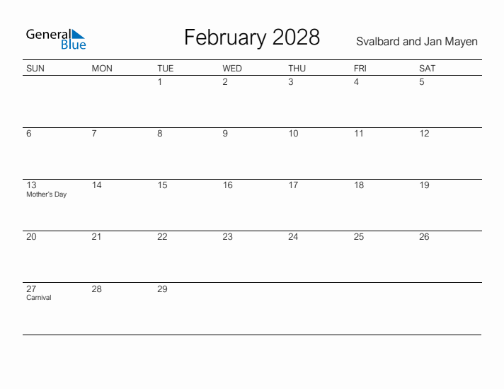 Printable February 2028 Calendar for Svalbard and Jan Mayen