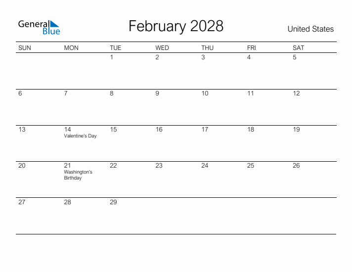 Printable February 2028 Calendar for United States