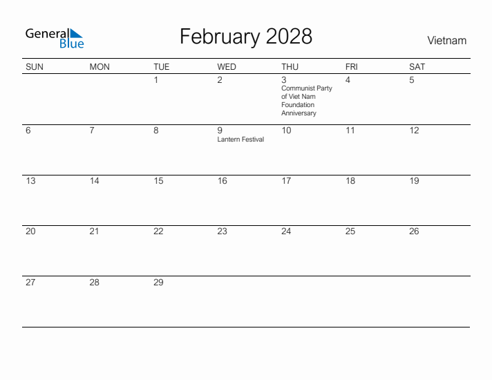 Printable February 2028 Calendar for Vietnam