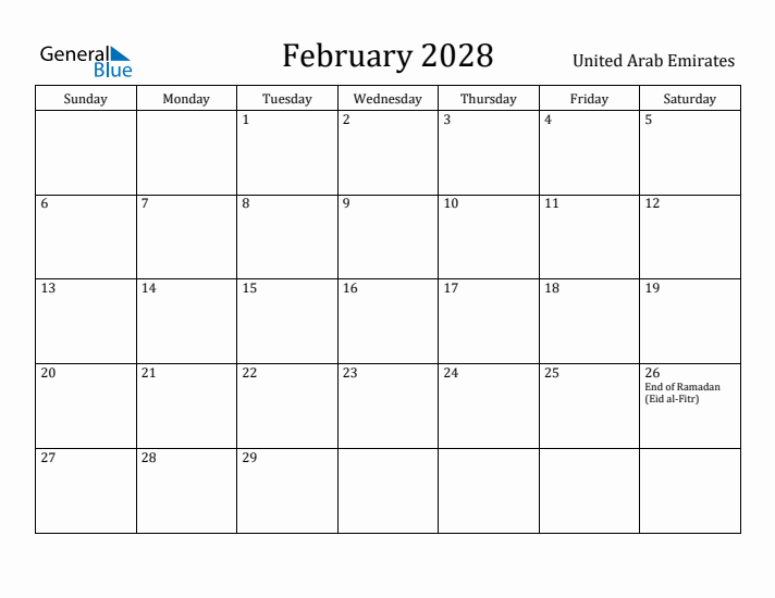 February 2028 Calendar United Arab Emirates