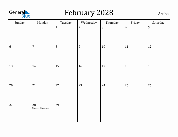 February 2028 Calendar Aruba