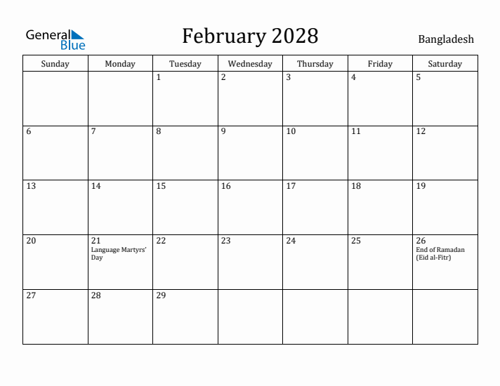 February 2028 Calendar Bangladesh