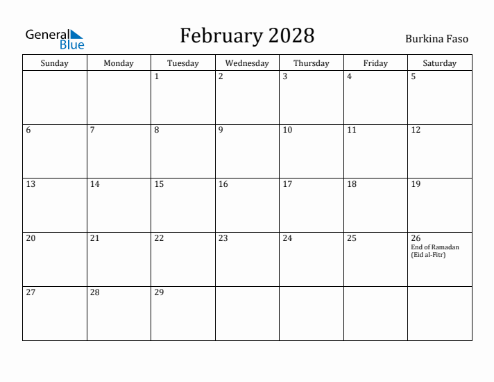 February 2028 Calendar Burkina Faso