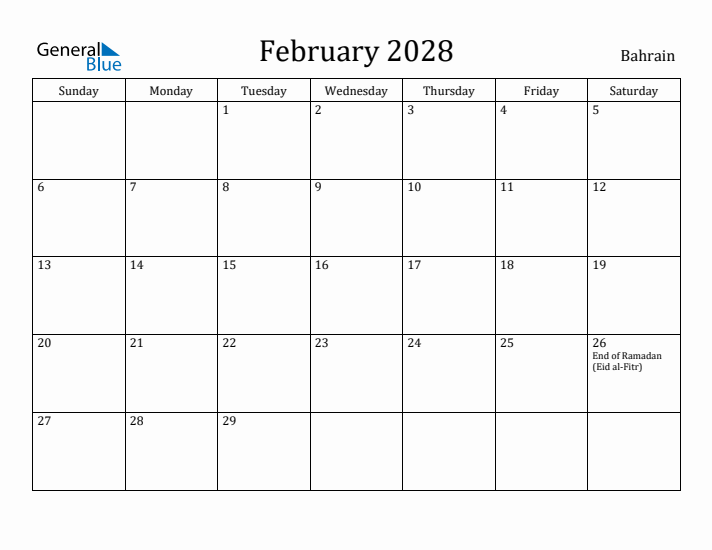 February 2028 Calendar Bahrain