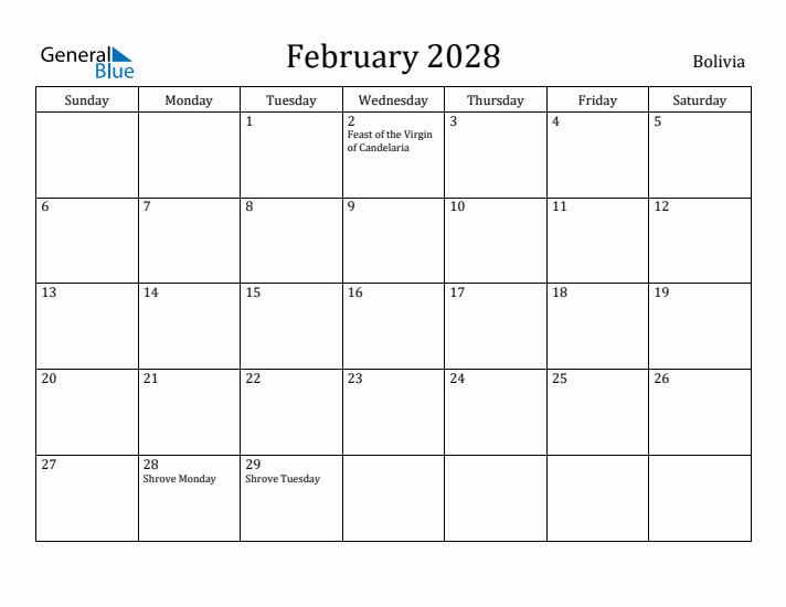 February 2028 Calendar Bolivia