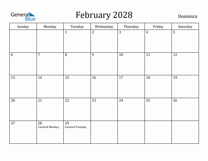 February 2028 Calendar Dominica