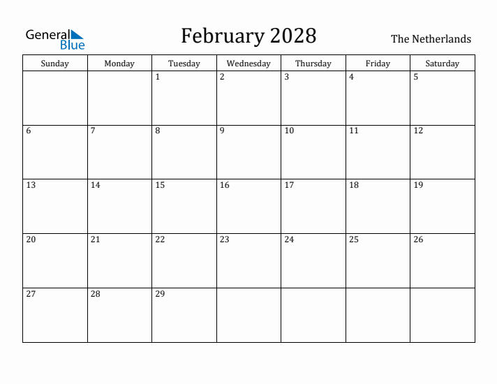 February 2028 Calendar The Netherlands