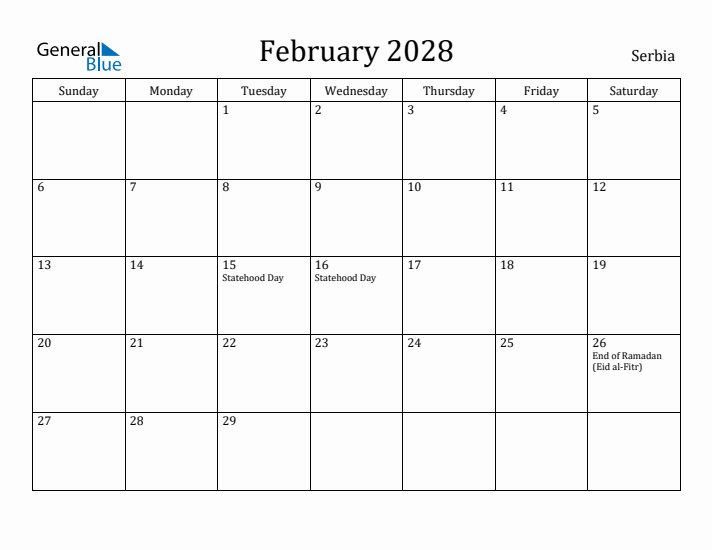 February 2028 Calendar Serbia