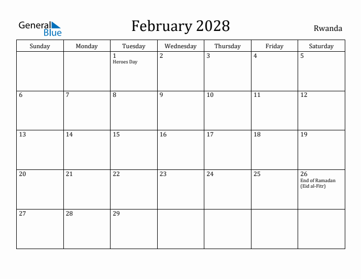 February 2028 Calendar Rwanda