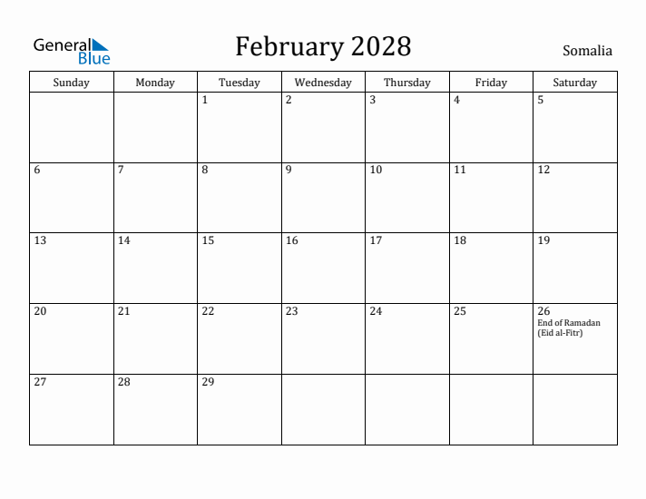 February 2028 Calendar Somalia