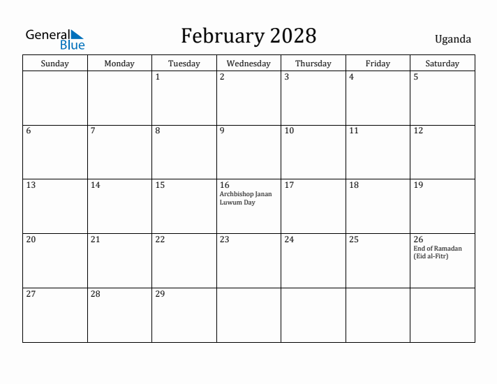 February 2028 Calendar Uganda