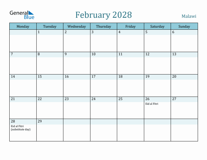 February 2028 Calendar with Holidays