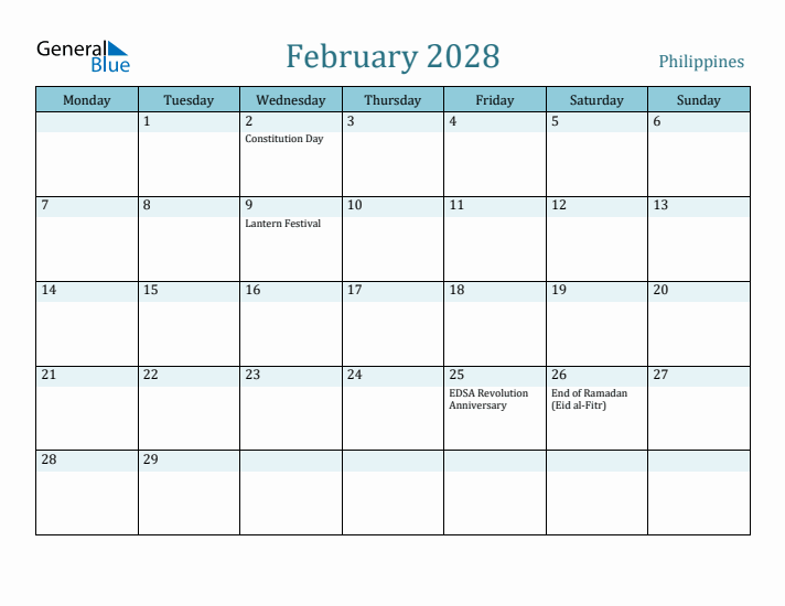 February 2028 Calendar with Holidays