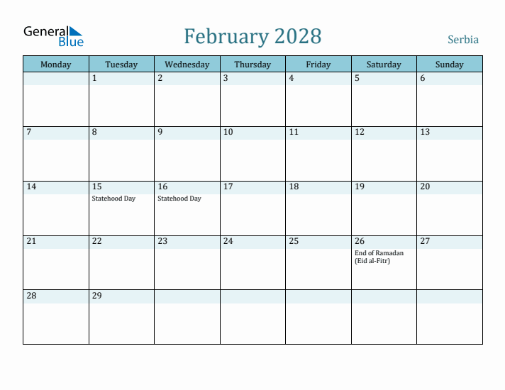 February 2028 Calendar with Holidays